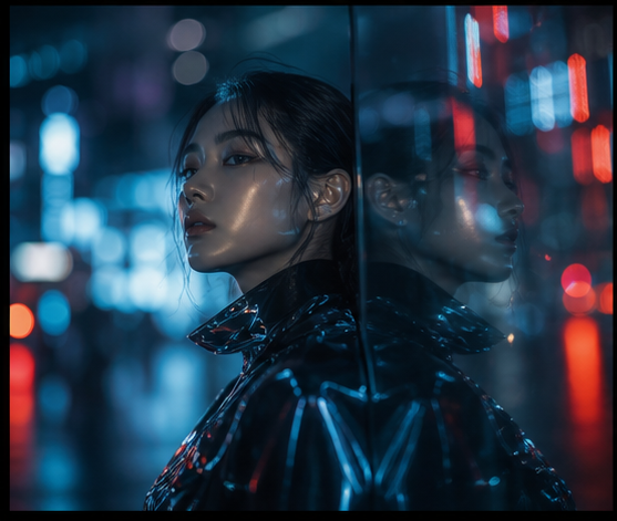 Generated cinematic portrait with neon reflections