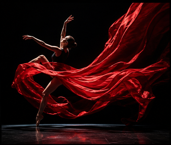 Generated dancer with red silk on a dark stage